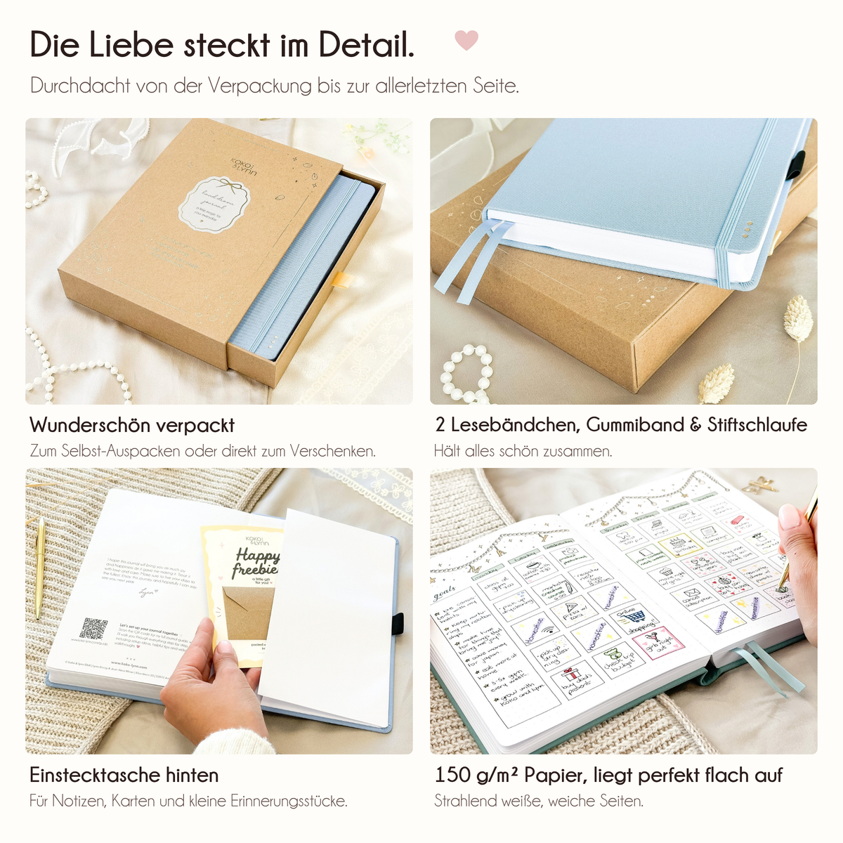 Sky Blue journal details: 2 ribbon bookmarks, elastic band, pen loop, back pocket, 150gsm paper