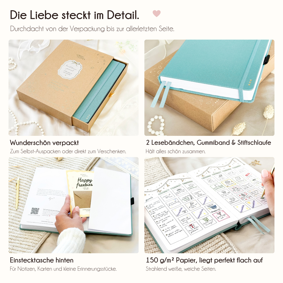 Teal journal details: 2 ribbon bookmarks, elastic band, pen loop, back pocket, 150gsm paper