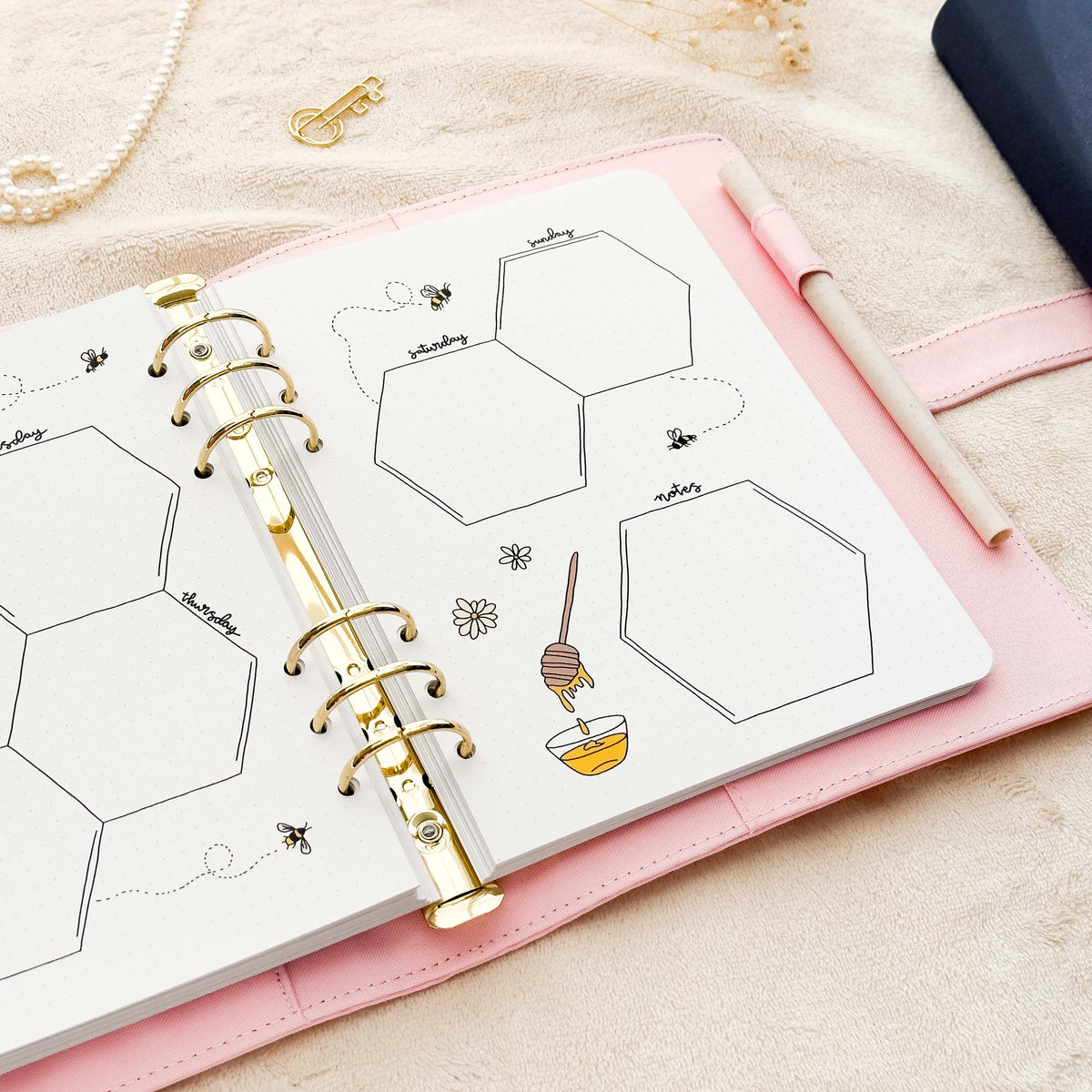 August - Honeybees theme - Monthly Journal Insert Undated - 16 hand-drawn pages